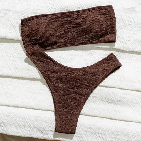 KUKAKEY Рибbed Coffee Bandeau Bikini Set