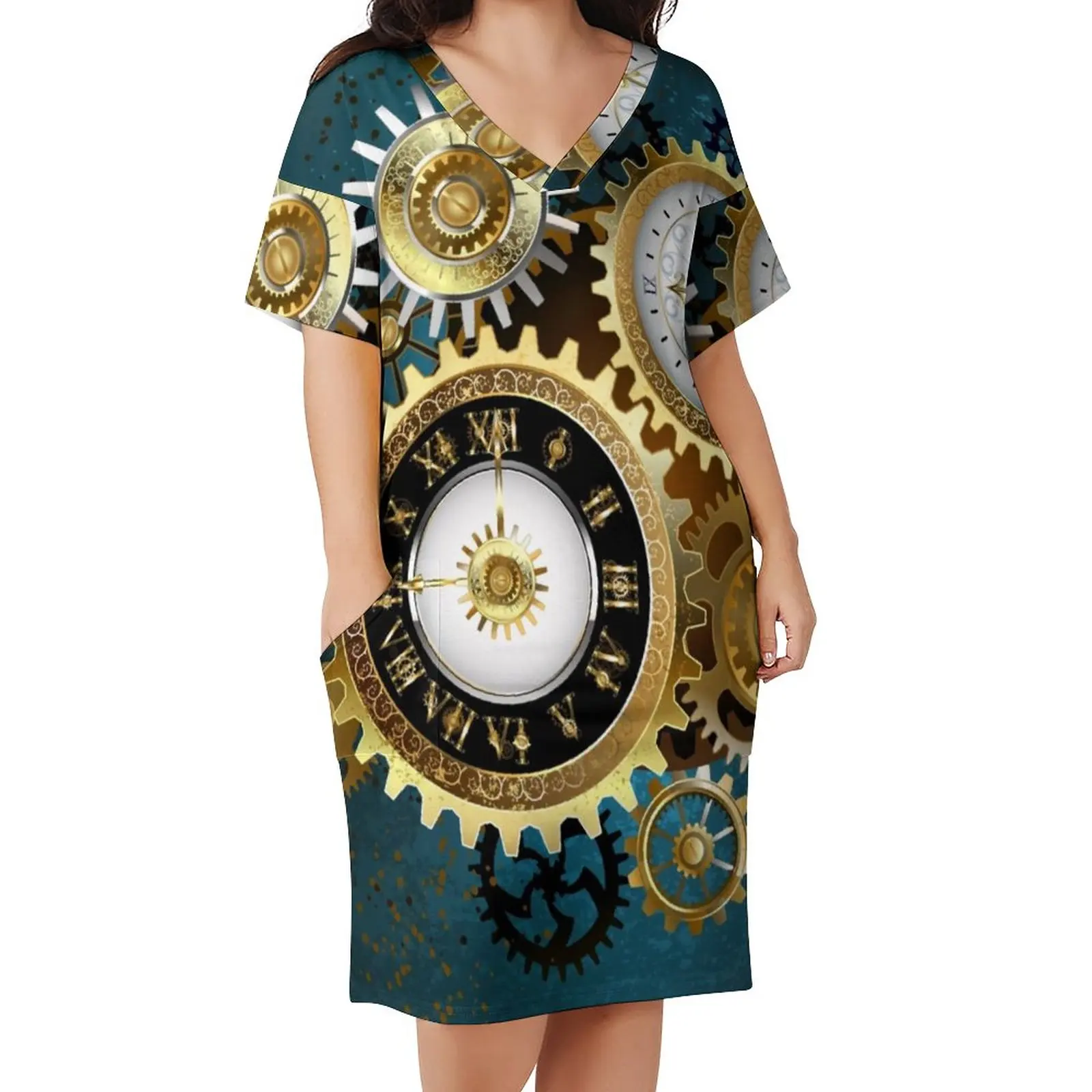 

Женское платье в стиле стимпанк, готическое платье с принтом и V-образным вырезом