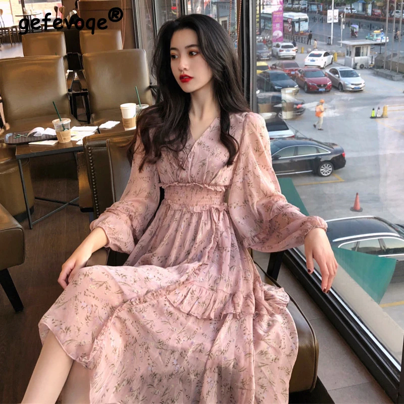 

Платье женское шифоновое с V-образным вырезом и длинным рукавом