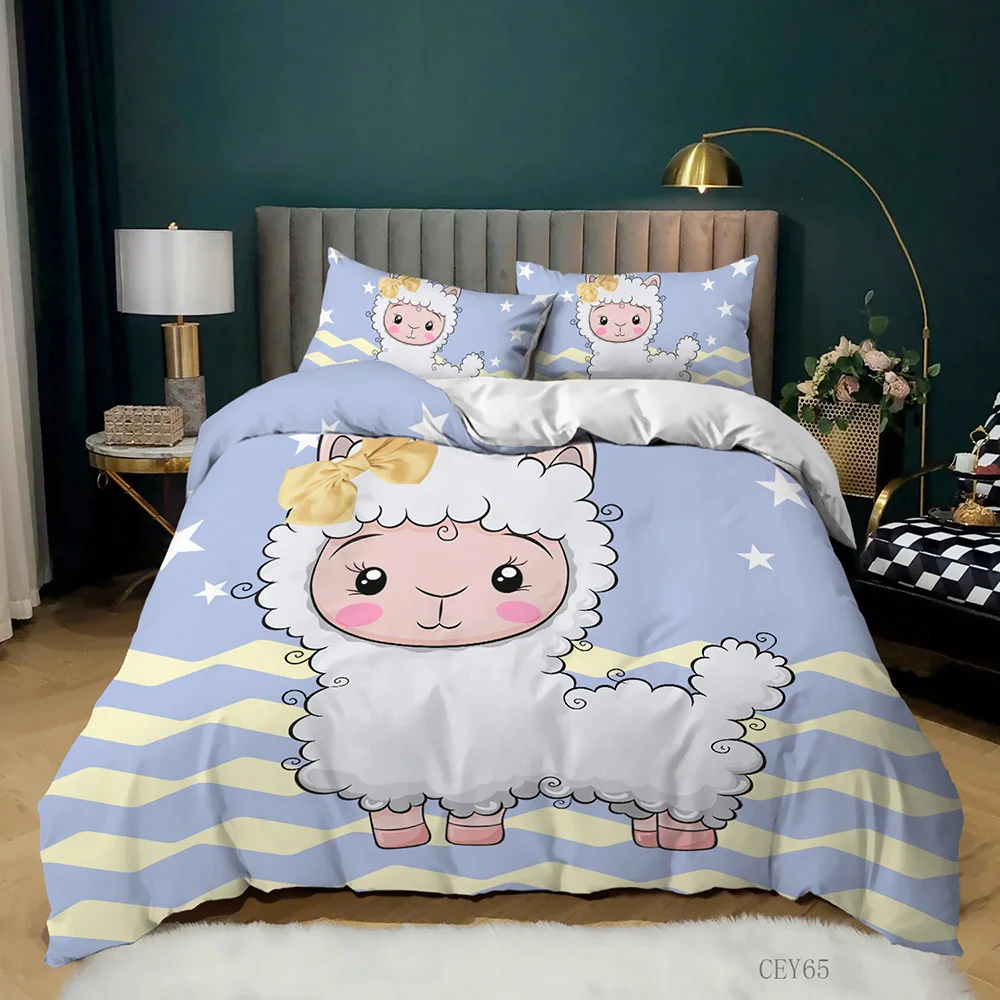

Cartoon Sheep Duvet Cover Set King Cute Little Sheep with A Yellow Bow Comforter Cover for Kids Girls Polyester Twin Quilt Cover