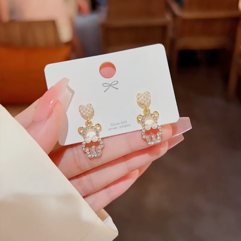

925 Silver Korean Earrings Lightweight Female Simple Earrings Full of Diamonds Cute Bear Earrings Earrings Female