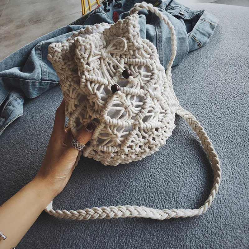 

Плетеная женская соломенная сумка в богемном стиле из хлопка и веревки, летние вязаные сумки через плечо, пляжная сумка-мешок на плечо, женские сумочки