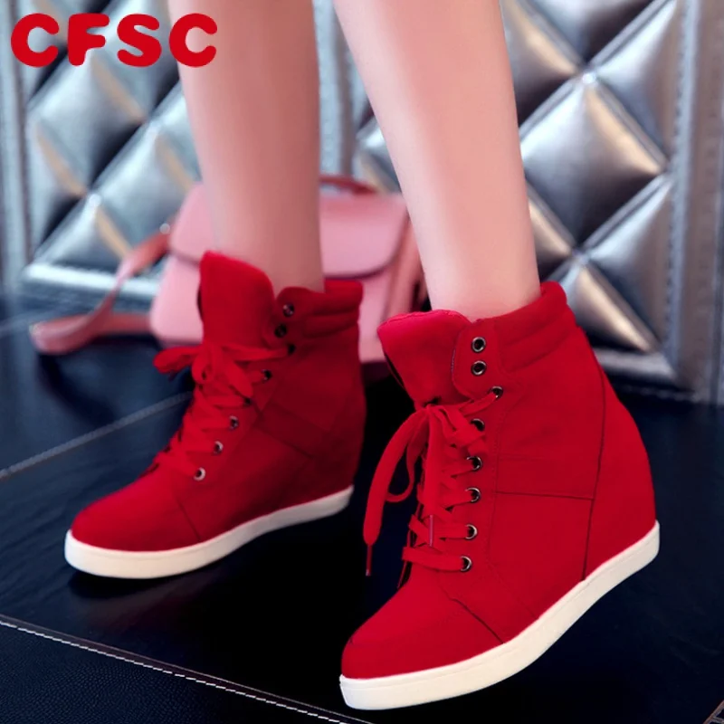 

Spring Women Boots Faux Suede Leather Wedge Platform Boot Hidden Heel Shoes High Top Sneaker Casual Shoes for Woman Ankle Boot