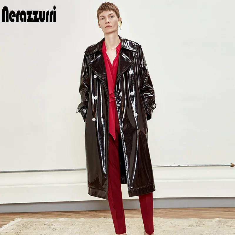

Nerazzurri Long waterproof black patent leather trench coat for women double breasted iridescent oversized leather coat 7xl
