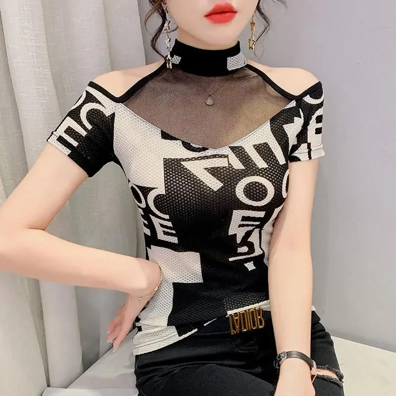 Модный сексуальный женский топ с короткими рукавами и принтом в стиле пэчворк