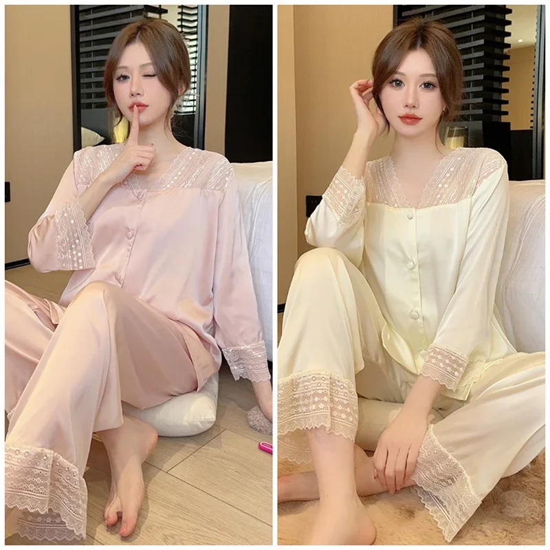 Autumn Women's High-End Feel Ice Silk Pajama Set V-Neck Casual Cardigan Long Sleeves Korean Style Solid Color Homewear