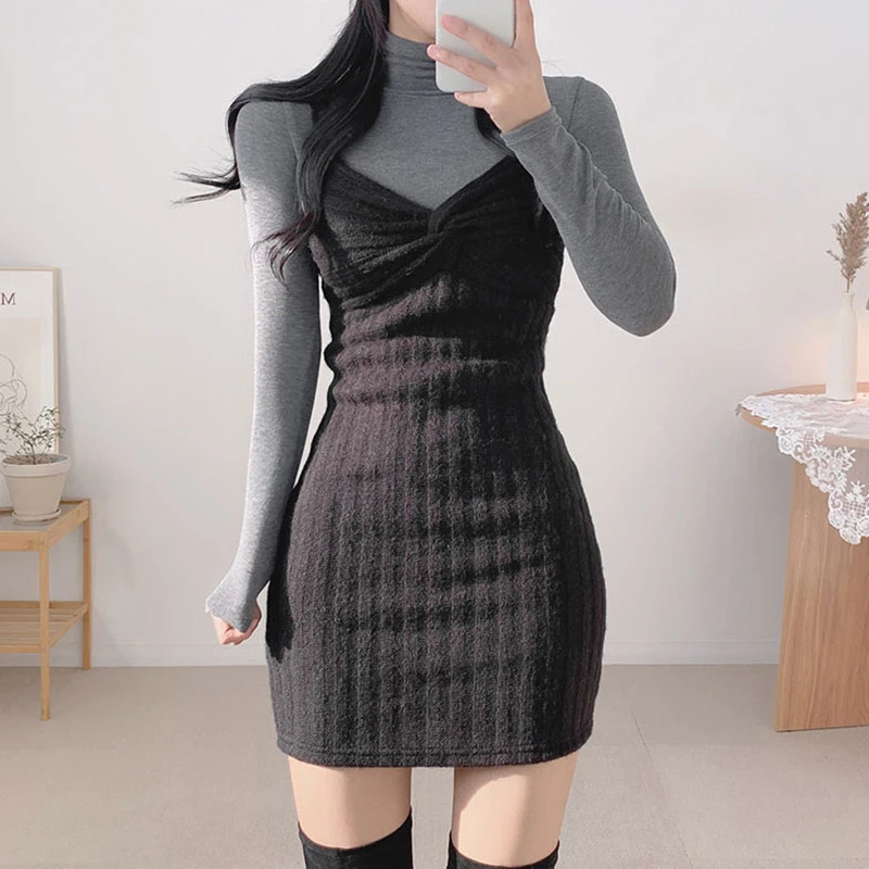 

Spring Autumn Fashion Sexy Slim Solid Color Sleeveless Woman Sheath Knitted Dress Short Spaghetti Strap Skinny Dress Vintage