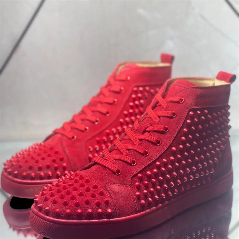 

Luxury Brand High Tops Red Bottoms Rivets Tennis Shoes For Men Full Of Studs Casual Flats Loafers Women's Couple Spikes Sneakers