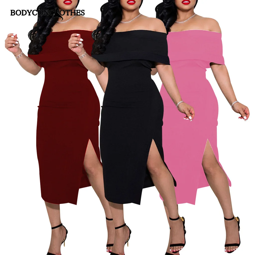 

Bodyconclothes Off Shoulder Women Dresses Elegant Summer Back Zipper Sexy Short Sleeve Club Midi Side Slit Evening Party Dresses