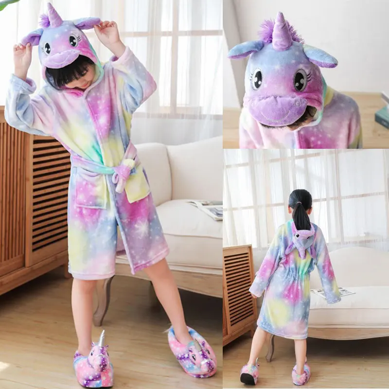 

Winter Hooded Unicorn Pajamas Animal Kigurumi Bathrobe Clothing for Girls Kids Bath Robe Flannel Bath Towels Child Dressing Gown
