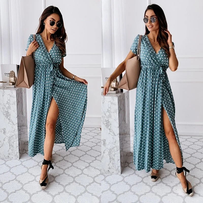 

Boho Polka Dot Long Dresses Women Split Short Sleeve Summer Casual Dress 2022 Streetwear Black Maxi Dress Vestidos