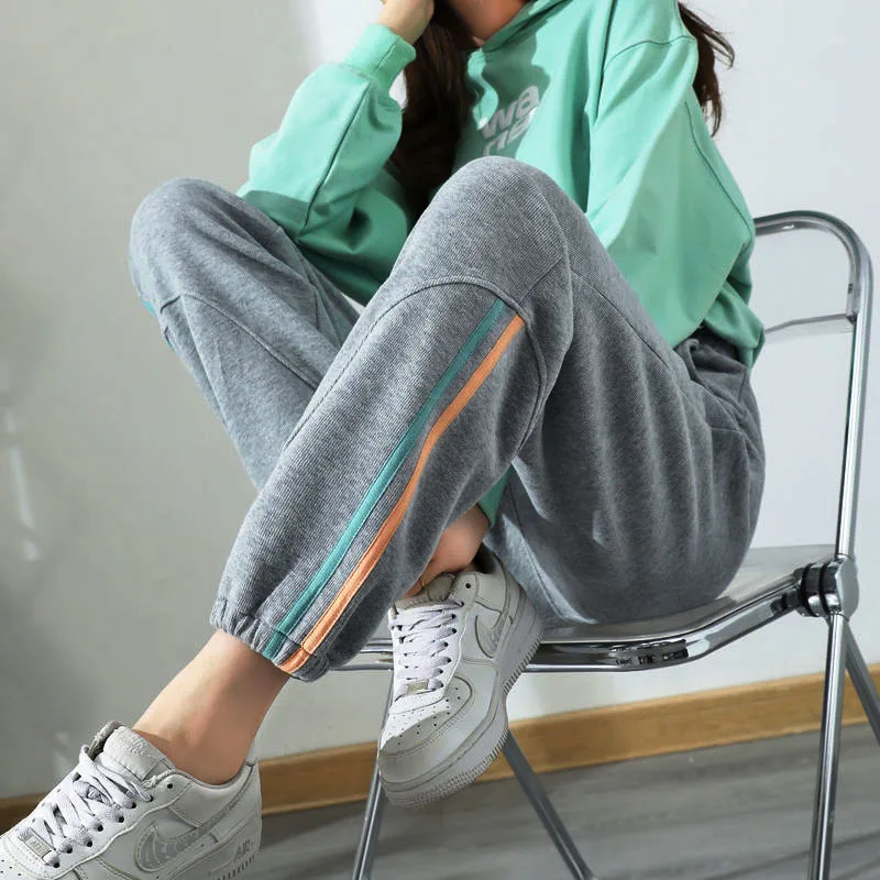 Design Casual Korean Fashion All-match High Gray Sweatpants for Women 2023 New Spring Autumn Harem Tie Feet Chic Black Trousers