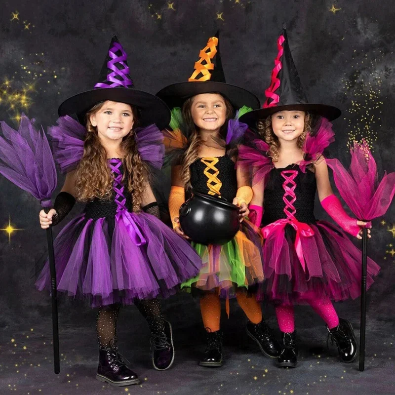 Костюм ведьмы на Хэллоуин для детей нарядное платье-пачка девочек платье шляпа