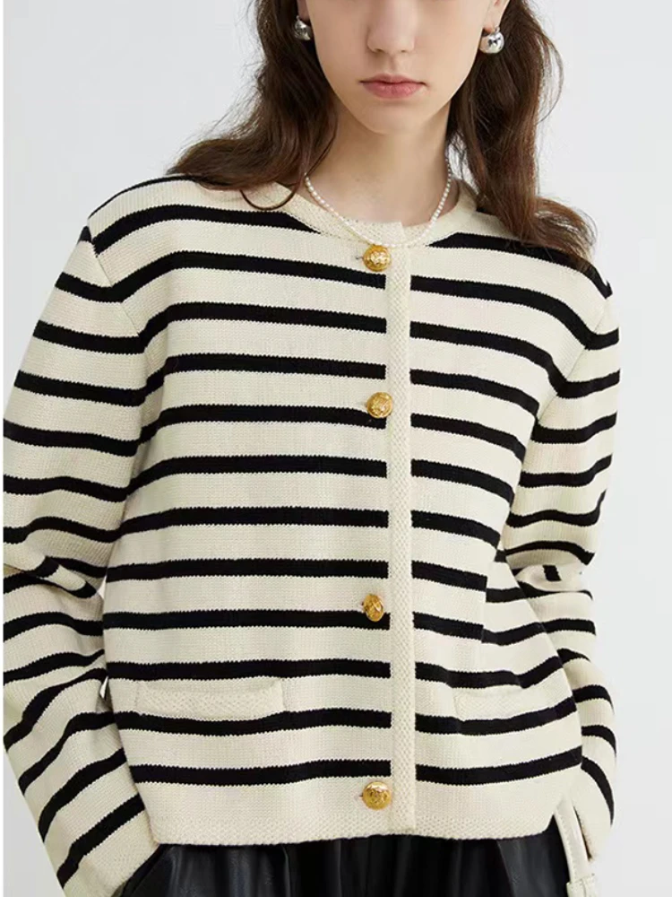 

O-neck Loose Striped Sweater Ladies Women's Vintage Single Breasted Knitted Cardigan Chic All-Match Ladies Preppy Style Clothes