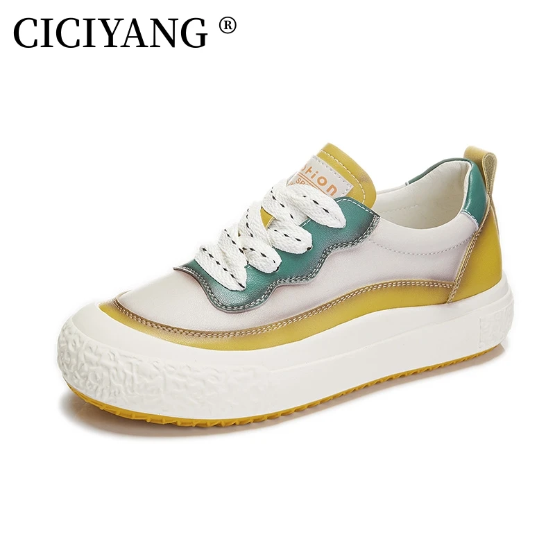 CICIYANG Women's Casual Sneakers Genuine Leather 2023 New Spring Retro Color Matching Chinese Style Ladies Flats Shoes Handmade