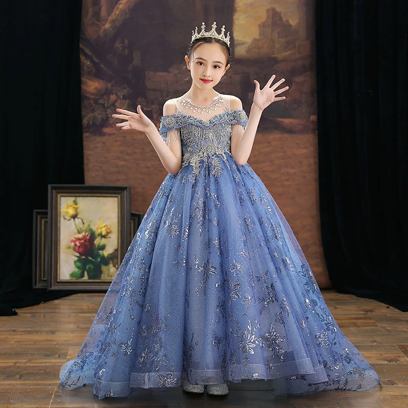 

2022 Spring Summer Exquisite Beading Design Birthday Evening Party Princess Long Tail Dress For Children Girls Piano Host Dress