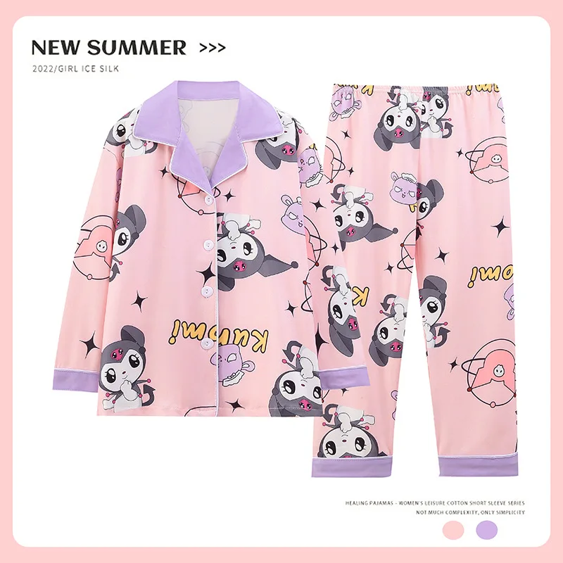 

Y2K Kuromi Sanrio Kawaii Long Sleeve Pajamas Cute Girls Thin V-Neck Kits Cartoon Student Summer Pure Cotton Cute Anime Suites