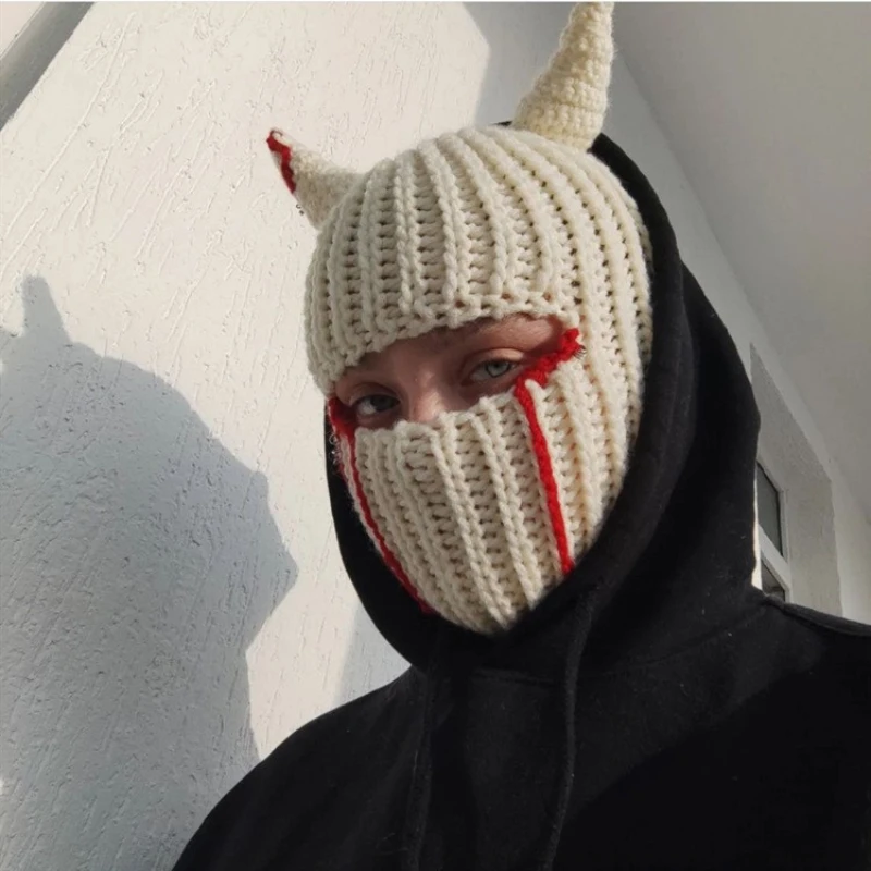

Halloween Funny Horns Knitted Hat Beanies Warm Full Face Cover Ski Mask Hat Windproof Balaclava Hat for Outdoor Sport
