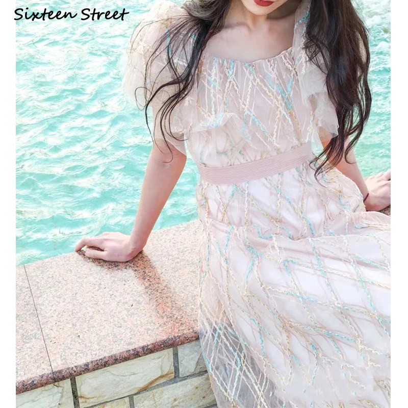 

Женское платье с вышивкой и блестками, летнее платье с открытыми плечами, женская одежда с коротким рукавом и высокой талией, XL, 2022