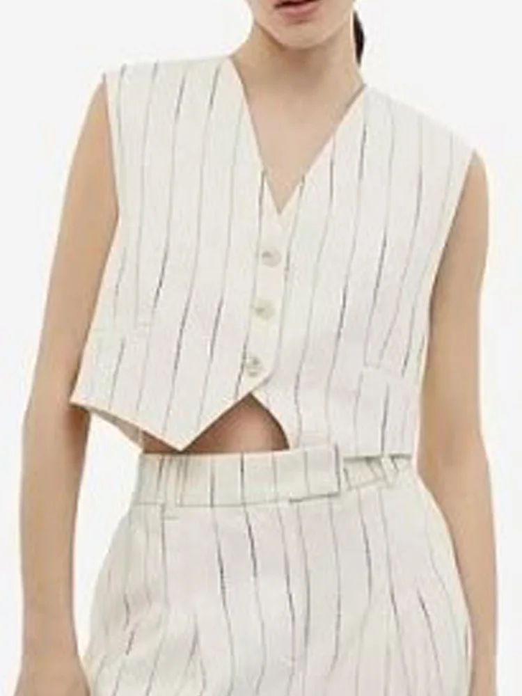 

2023 Women Summer Vests Coats Casual Striped V-Neck Loose Waistcoats Female Elegant Street OL Short Vest Clothing