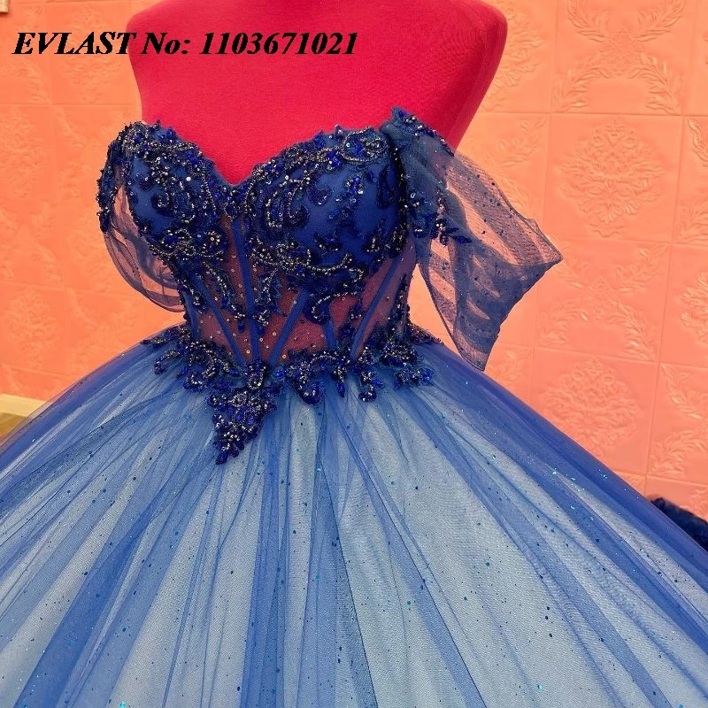 EVLAST Royal Blue Quinceanera Dress Ball Gown Lace Applique Beading Diamond Mexican Corset Sweet 16 Vestidos De XV 15 Anos SQ58