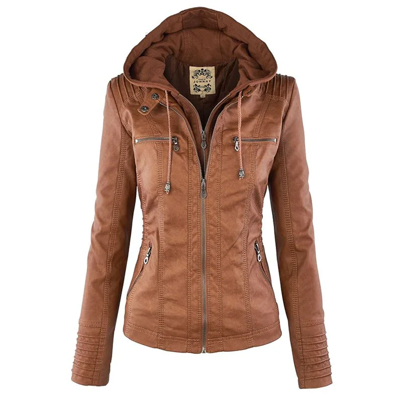 

Faux Leather Jacket Women 2022 Hoodies Winter Autumn Motorcycle Jacket Black Outerwear Faux Leather PU Basic Jacket Coat