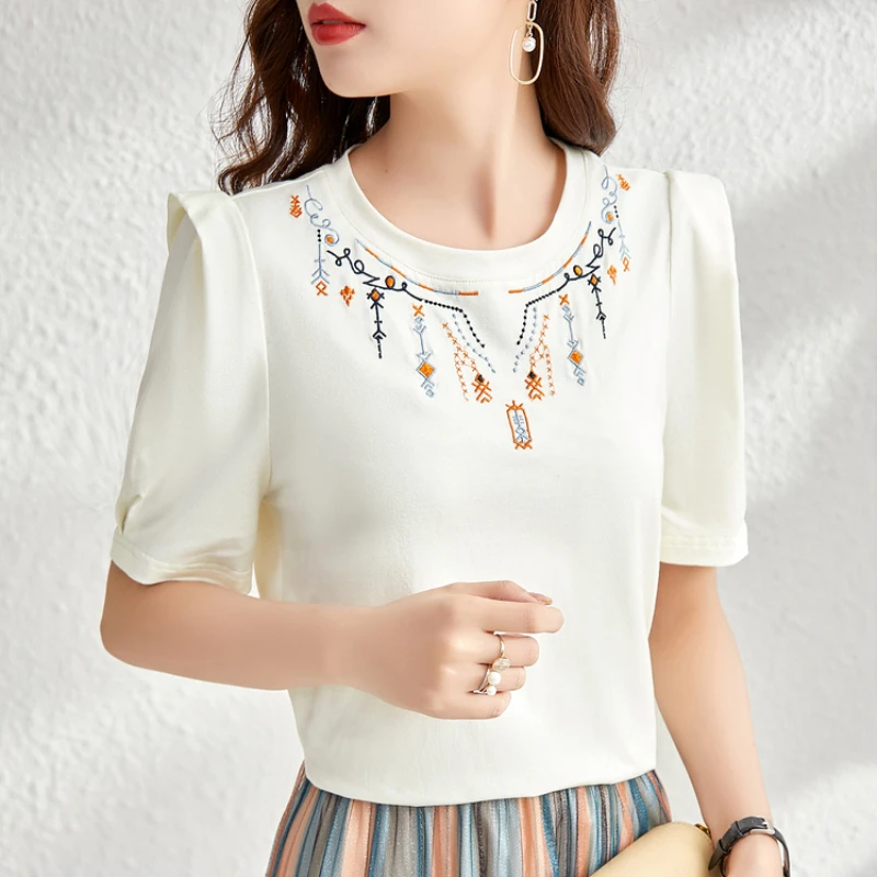 

Шелковая Хлопковая женская футболка, Новинка лета 2023, свободная футболка с принтом, топ с короткими рукавами, Лоскутная Женская одежда с круглым вырезом YCMYUNYAN