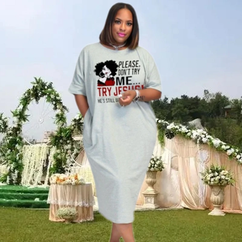 

Женское платье-футболка с надписью, Длинное свободное платье с разрезом на спине, однотонное платье в африканском стиле, лето 2023