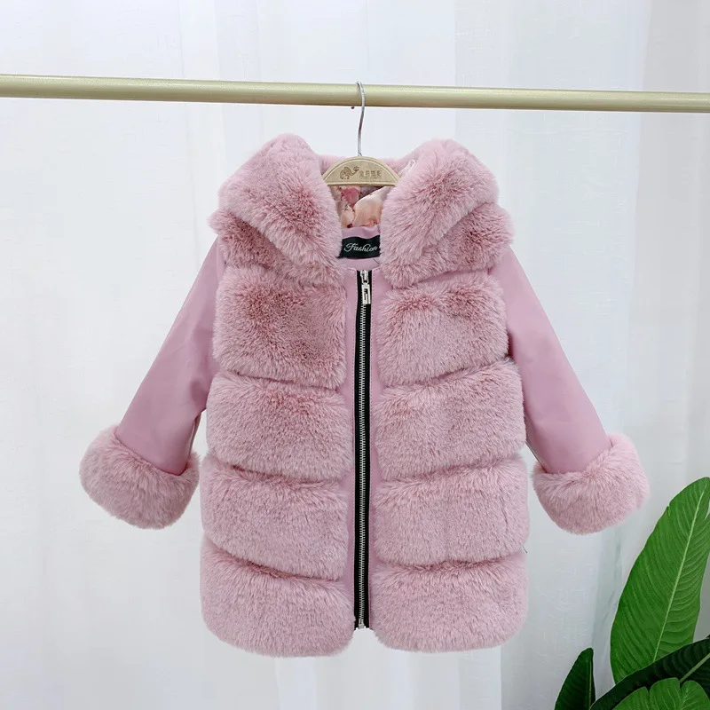 

Girls Fur Coat Jacket Cotton Outwear Overcoat 2022 Sweet Warm Thicken Plus Velvet Winter Autumn Teenager Fuzzy Children's Clothi