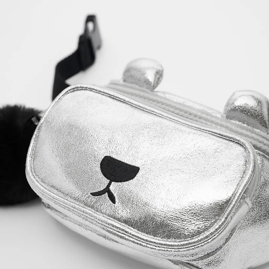 Children's Transparent Zipper Fur Ball Diagonal Cross Dog Silver Soft Leather Casual Waist Bag