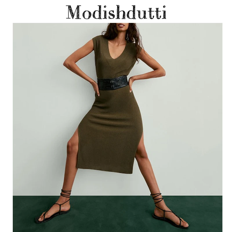 

Modishdutti 2022 Spring Summer Fashion Knitted Sexy Split Slim Elegant Party Dress Women New Casual Solid Midi Dress Ladies