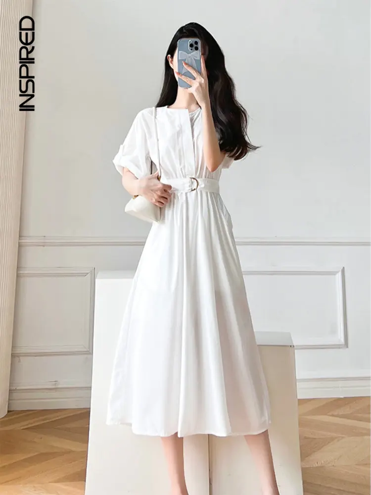

White Commuter Dress Women Fashion 2023 Summer Hepburn Style Simple Solid Color Dresses for Women's Korean Short-sleeved Dress