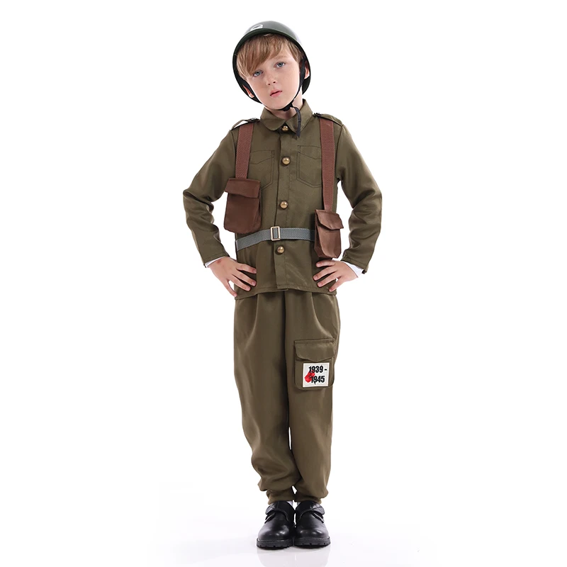 Army Soldier Costume Kid WWII Soldier Army Disguise Dress Up With Hat Boy Halloween Cosplay Outfit Military Uniform Khaki
