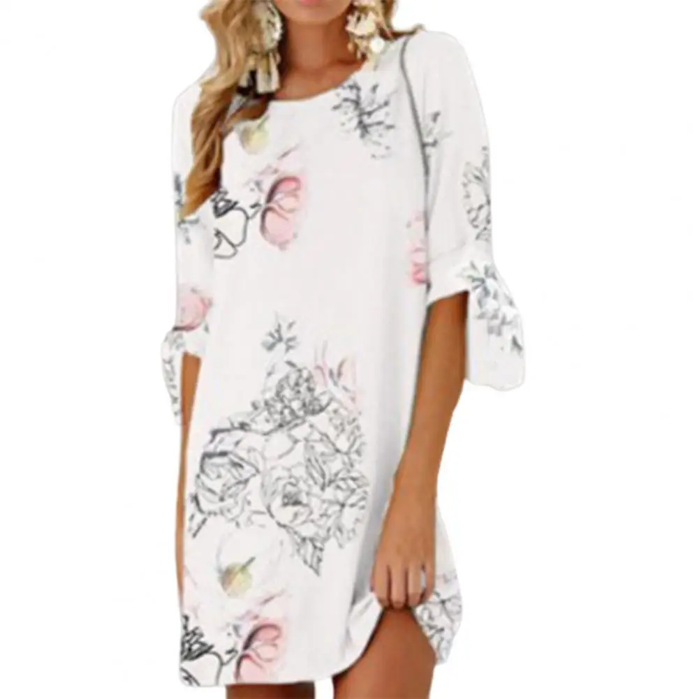 

O-neck Simple Mini Dress Skin-touch Flower Print Tied Half Sleeve Dress Female Clothes