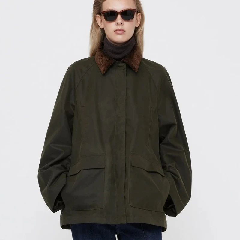 

Autumn/winter Splicing Corduroy Windproof Cotton Jacket Military Green Retro Work Jacket Female Goth Clothes Coat Women