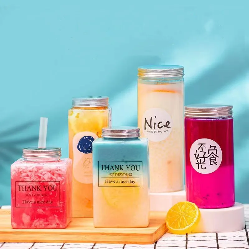 Clear Disposable Containers With Silver Caps Lids For Water Orange Apple Lemon Juice Catering Takeout Pet