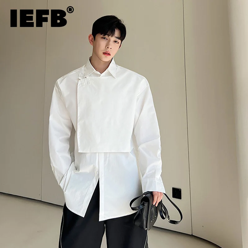 

Новая мужская рубашка IEFB в китайском стиле с длинным рукавом, шикарный дизайн, пуговицы, лоскутный однотонный Повседневный модный мужской топ 9A8654