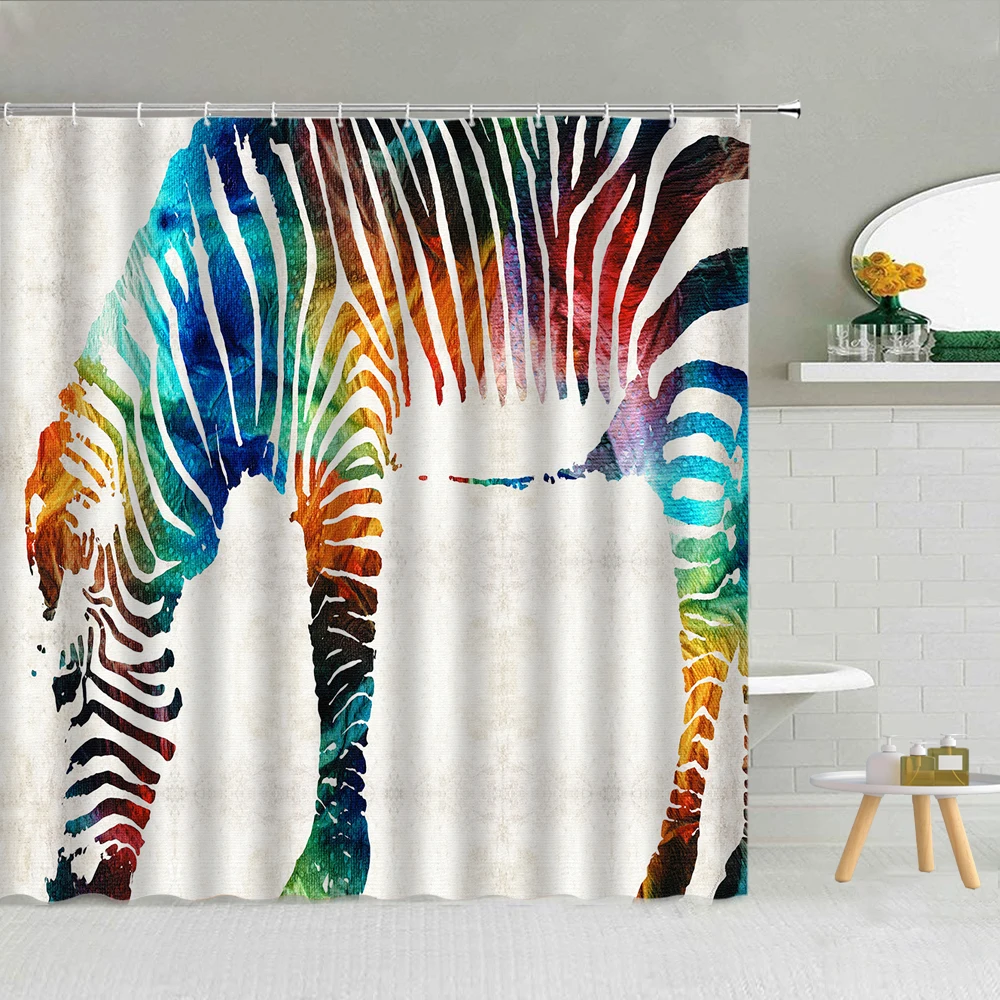 

Shower Curtain Funny Zoo Jungle Animal Bathroom Decor Accessories Waterproof Cloth Curtains With Hooks Set Colored Striped Zebra