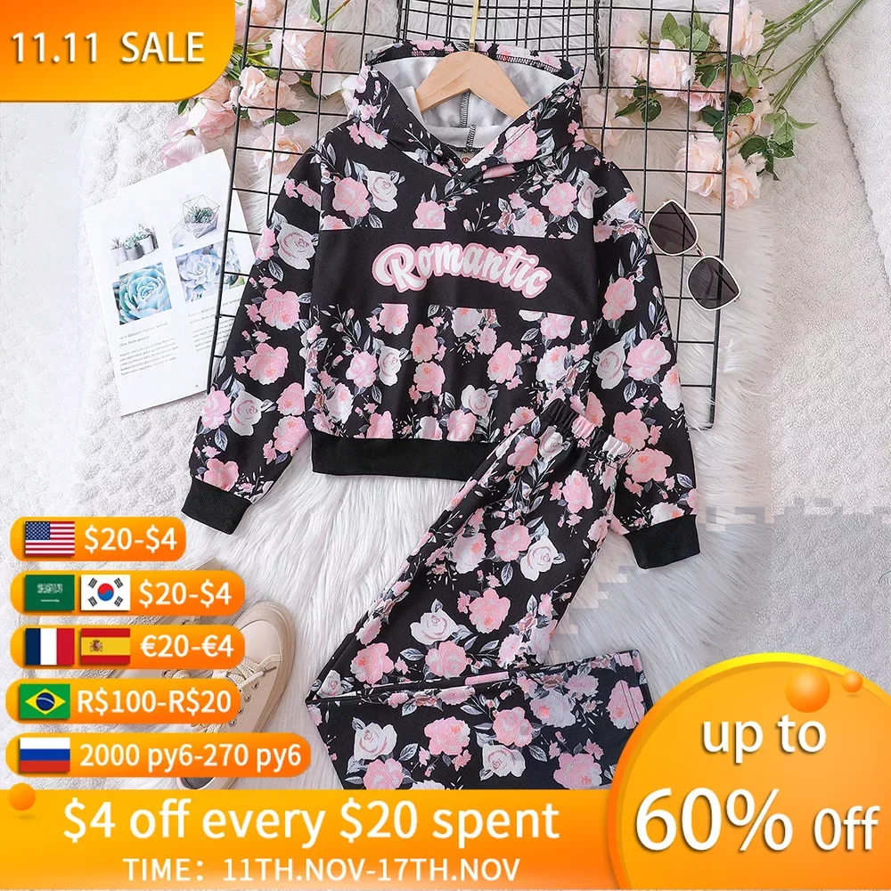 

Girls Spring and Autumn Retro Clothes Suits Children Flower Hooded Sweater+Pants 2Pcs Outfits Sets Kids Tracksuit