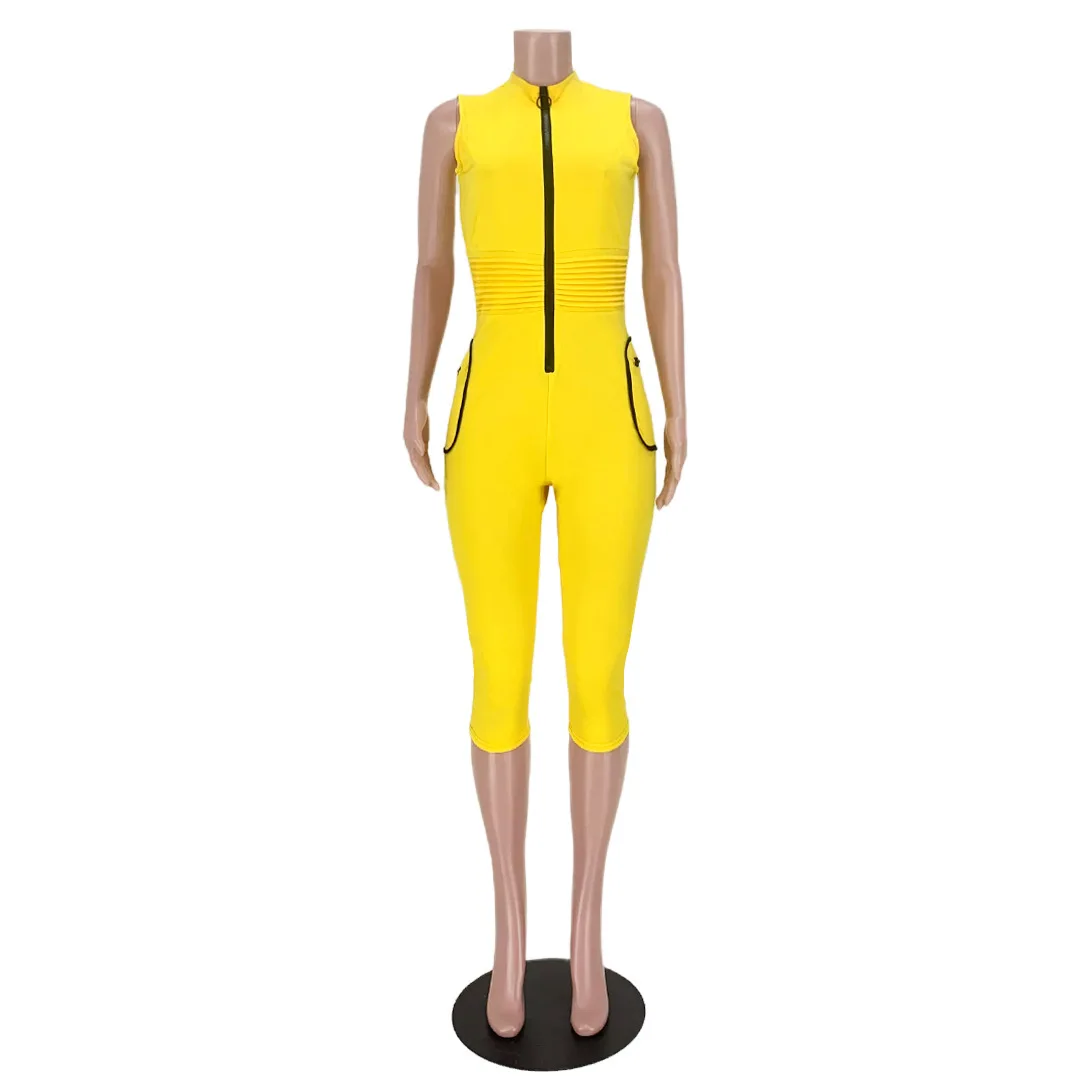 GL6568 Women's Jumpsuit Summer Fashion Sexy Solid Color Stand Collar Zipper Pocket Pleated Tight Sports Jumpsuit Women