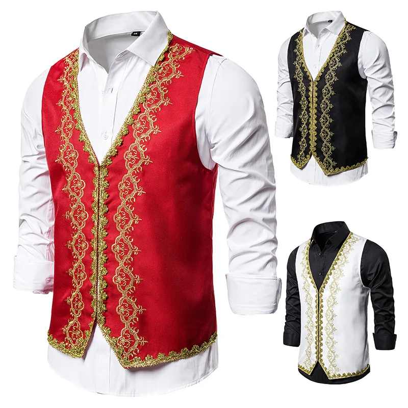 

Waistcoat Men Vests Baroque Gilet Prom Opera Stylish Men Palace Drama Costume Vest Fit Slim Prince Stage Red Gold Embroidery