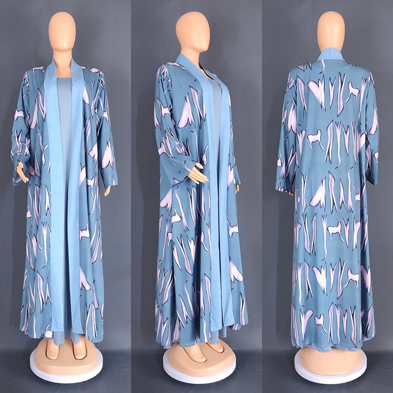 Muslim Women Abaya Dress Islam Clothing 2023 New Print Kimono Cardigan Robe 2-piece Sets Femme Morroco Caftan Long Maxi Dress