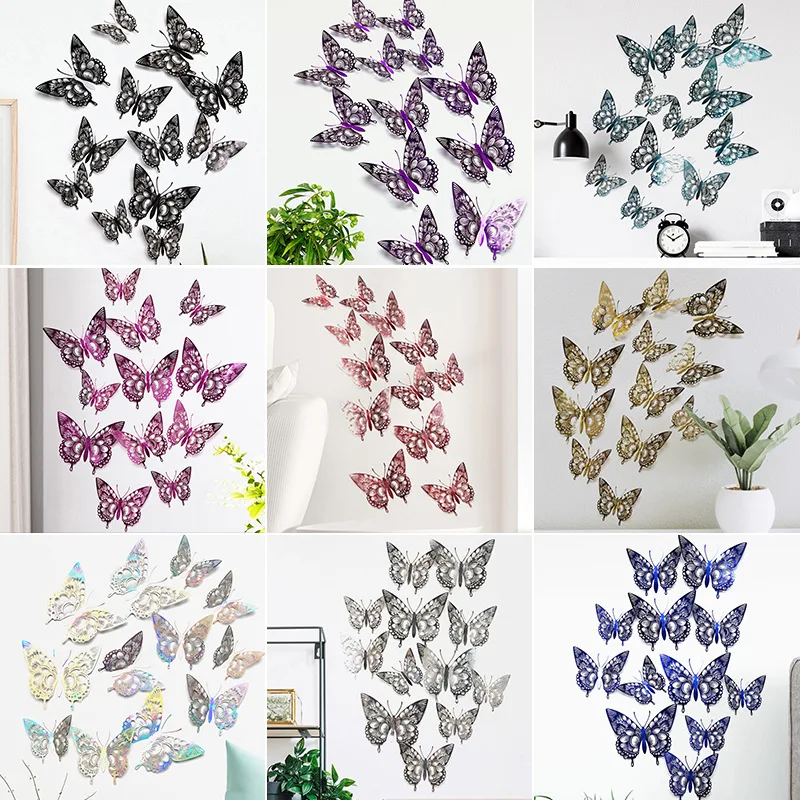 

12pcs Butterfly Decorative Wall Sticker Hollowed Out Butterfly DIY Pearlescent Paper Imitation Butterfly Home Accessories Decor