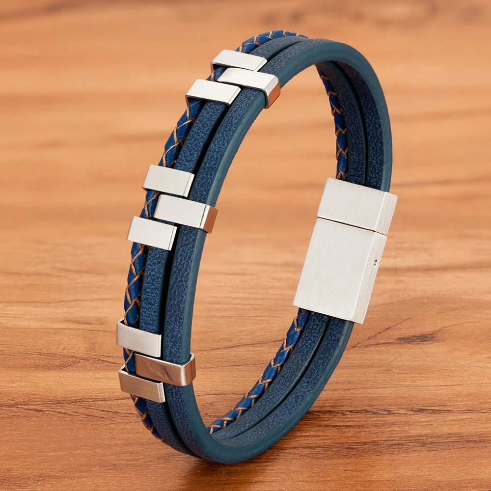 

Three-Layer Stitching Stainless Steel Bracelets Men's Leather Bracelet Advanced Design Style Jewelry Gift with Delicate Box