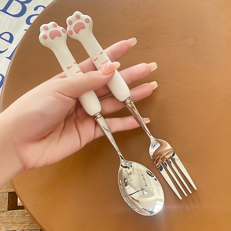 Cute Cat Claw Ceramic 304 Stainless Steel Tableware Spoon Fork Chopsticks Cartoon Good Gift  Dinnerware Set