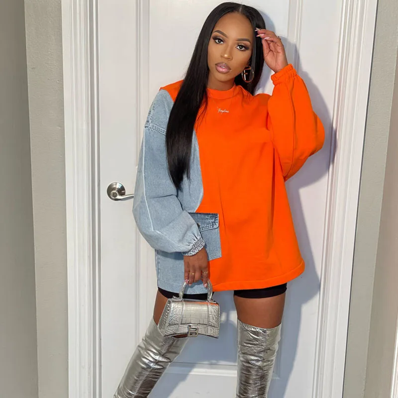 

Свитшот женский джинсовый составного кроя, уличная одежда, повседневный Свободный пуловер с длинным рукавом, топ в Корейском стиле, готический панк, Y2K, Осень-зима