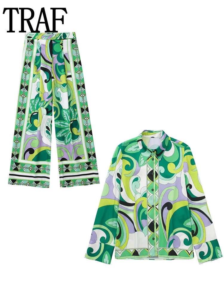 

TRAF 2022 High Wasit Wide Pants Sets Woman Print Green Pants For Women Fashion Baggy Pants Female Vintage Wide Leg Trousers