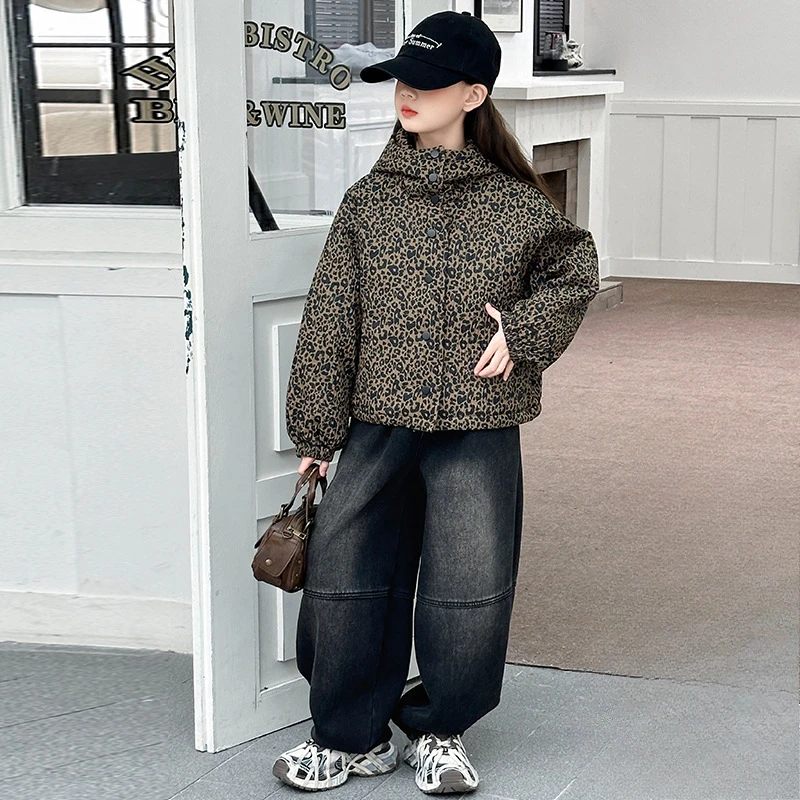 Хлопковая куртка с леопардовым принтом для девочек утепленное хлопковое теплое