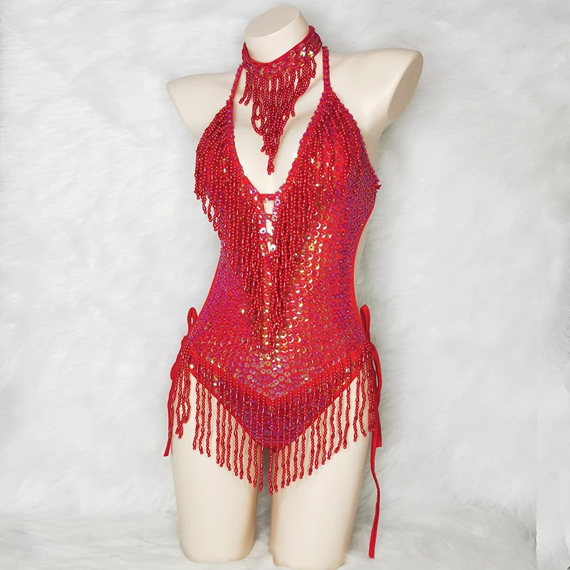

New Sexy Shiny Bodysuit Costume For Women Red Beading Sequin Tassel One-Piece Sexy Clubwear Party Outfit Stage Performance