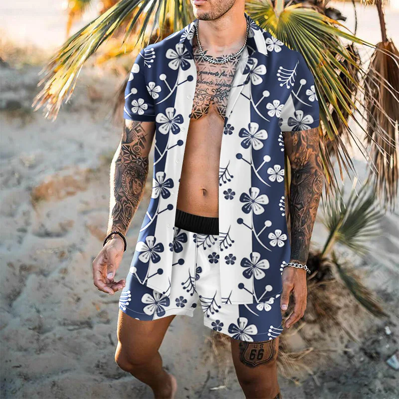 Zomer Mannen Casual Shirt + Shorts Lace-Up Taille Strand Vakantie Outfit 3D Merk Tropische Planten Print Harajuku mannen Mode Set